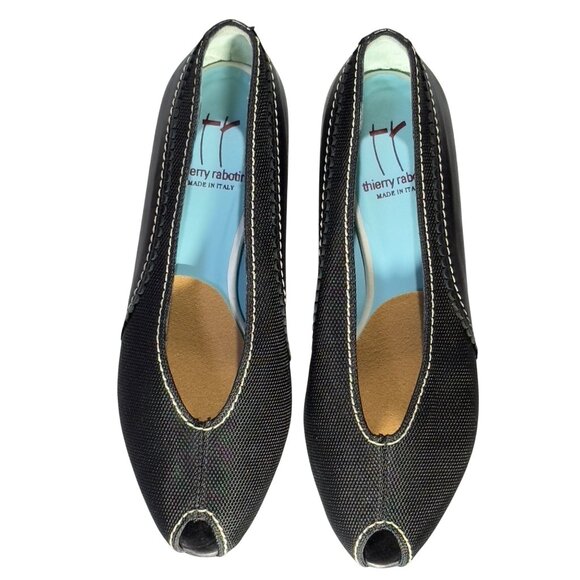 Thierry Rabotin Womens Black Peep-Toe Wedges Italian-Made Leather Fabric Size 38 - Picture 5 of 9